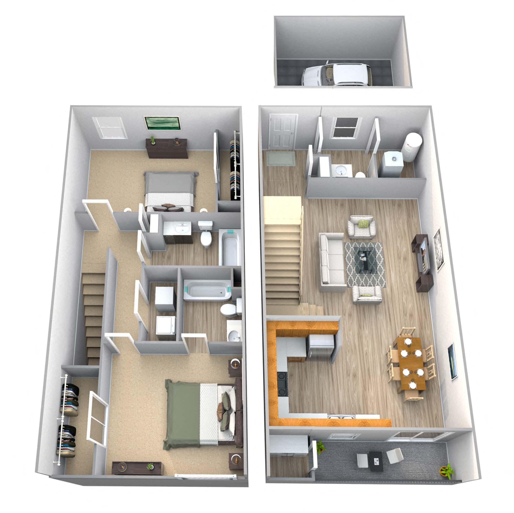 Floor plan for 2 beds, 2.5 baths, 1250 sqft